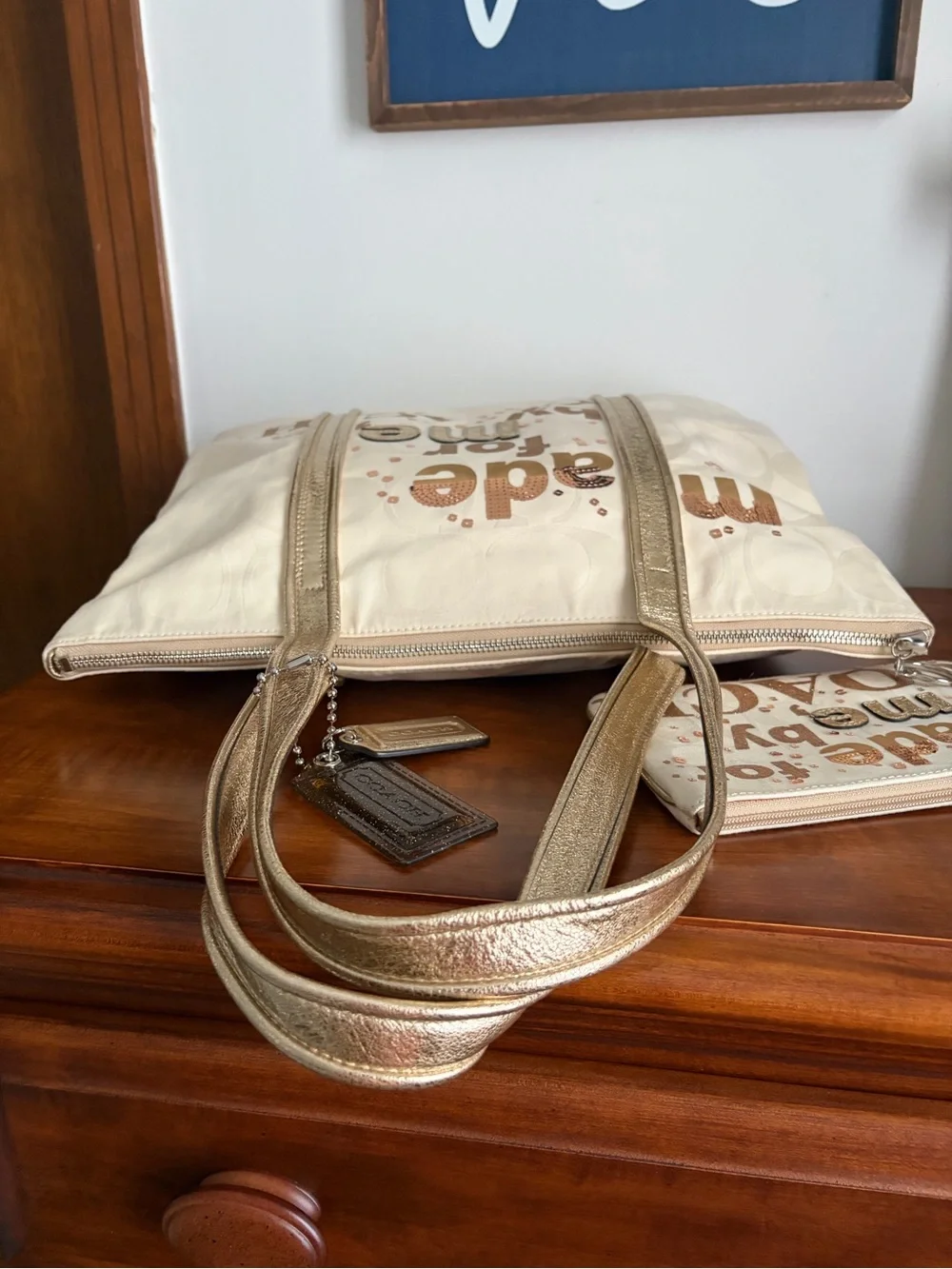 COACH 'Made For Me' White & Gold Tote Bag & Wristlet *READ*